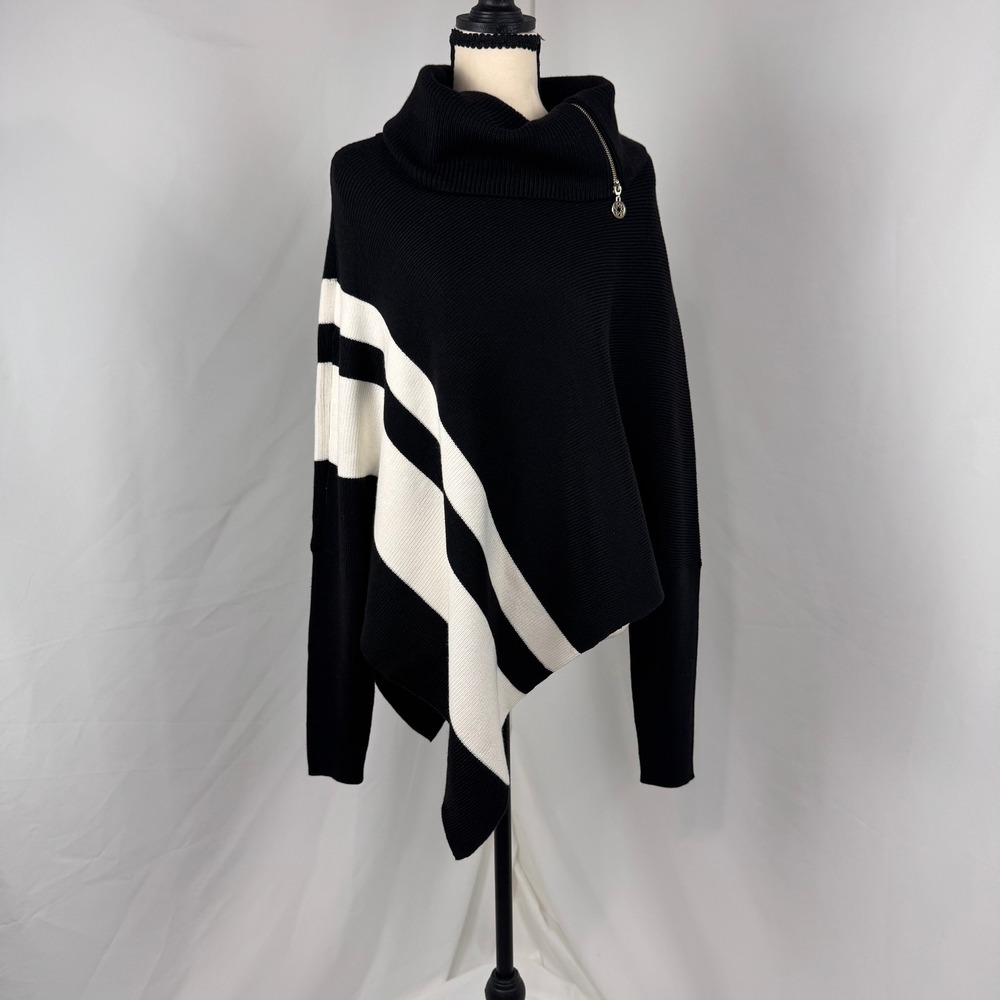 White House Black Market Poncho Women M/L Black Zip Neck Stripe Sweater
